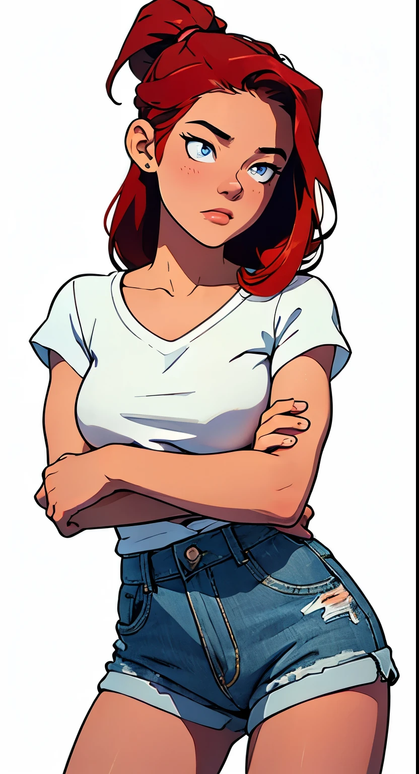 Fmasterpiece, best quality, full body,1girl,the highest image quality, 21-year-old woman, looks like Olivia Dunne, bright red hair, blue eyes, wearing a white graphic tee and denim shorts, large breasts, White background, empty background whole body , arms crossed, angry