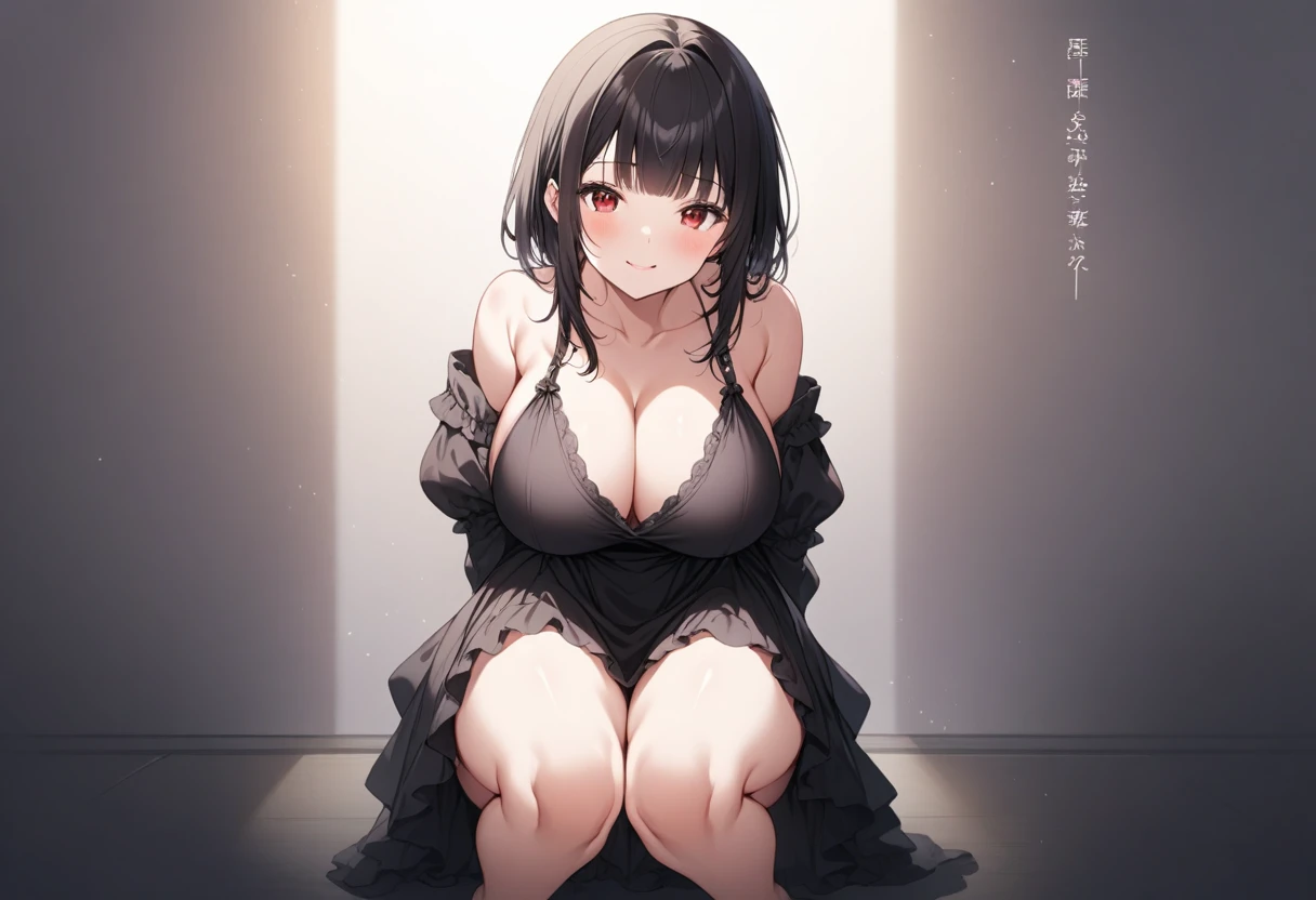 nsfw, Lady, Anime Style, Super precise illustration, Very detailed, beautiful, 8K,1 cute girl,(cute:1.3),Black Hair,short straight bangs, smile,Red eyes, stylish,dress,(Spotted sunlight:1.2),Blurred,(Written boundary depth:1.1),Tilt your head,Squat,Large breasts,{best quality}, {very aesthetic}, {ultra-detailed}, {best illustration}, girl, nsfw, large breasts, 