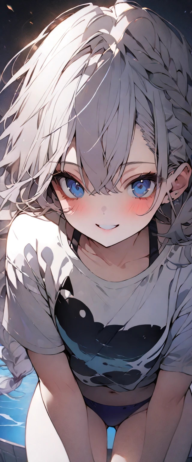 beautiful, masterpiece, Highest quality, anime, One girl,Portrait Shot, View your viewers, Covered、Long Hair、nearby、Blue Eyes、art、White hair,black streaked hair, dark atmosphere、Thighs、Braid、white_T-Shirts、Light purple bikini、Pool、Bright、smile
