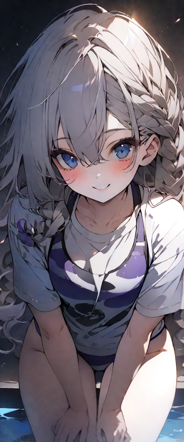 beautiful, masterpiece, Highest quality, anime, One girl,Portrait Shot, View your viewers, Covered、Long Hair、nearby、Blue Eyes、art、White hair,black streaked hair, dark atmosphere、Thighs、Braid、white_T-Shirts、Light purple bikini、Pool、Bright、smile