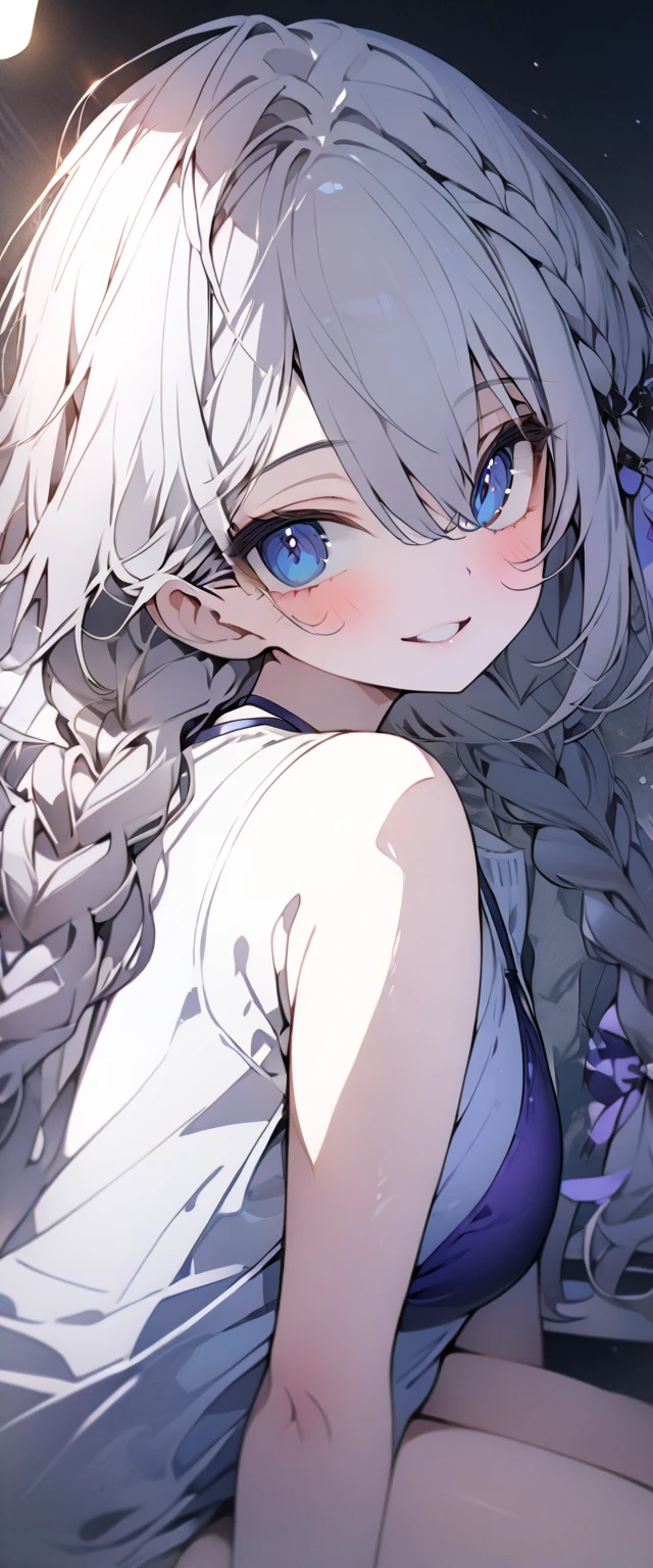 beautiful, masterpiece, Highest quality, anime, One girl,Portrait Shot, View your viewers, Covered、Long Hair、nearby、Blue Eyes、art、White hair,black streaked hair, dark atmosphere、Thighs、Braid、white_T-Shirts、Light purple bikini、Pool、Bright、smile