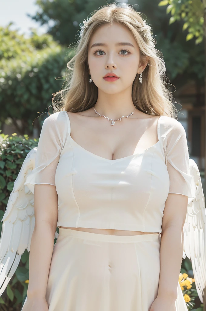 (((best quality))), (((ultra detailed))), (((masterpiece))), illustration,((1 beautiful little girl,solo,angel)),((fair skin,shoulder length straight blonde hair,blue eyes)),(earrings,crystal necklace),(((big face,round face,bloated face,double chin))),(((plump,fat,obese,overweight))),(((small breasts,flat chest))),(((cleavage,underboob,gigantic belly,towering belly))),joyful expression,(white wings:1.3),(flowing short-sleeved white sheer dress:1.3),((In heaven, garden setting)), vibrant flowers,(colorful flowers:1.3),lush grass, gentle breeze, (clear sky, fluffy clouds, shining sun),((from front,standing,upper body,arms behind back)),((pantyhose))