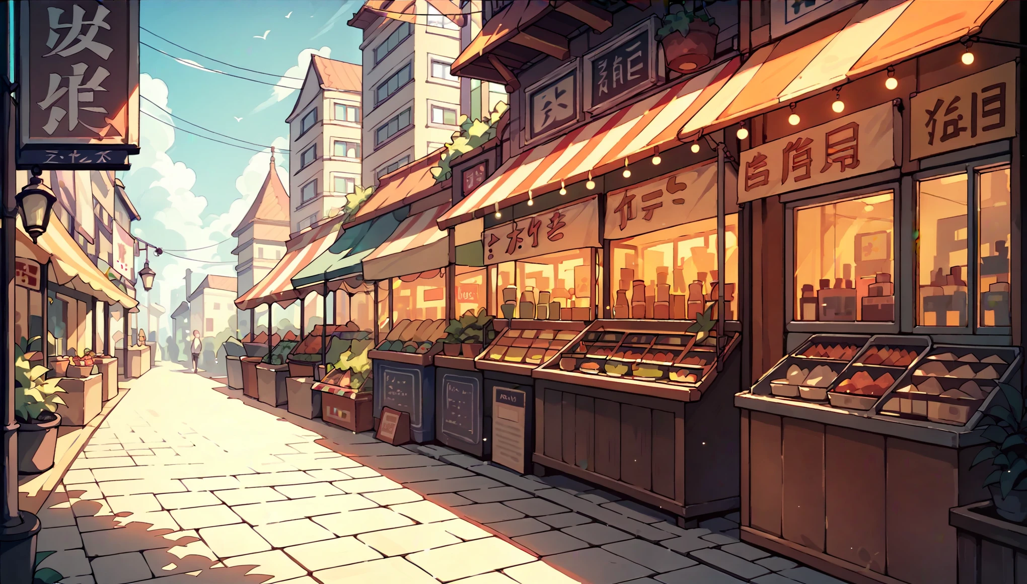 (Highest quality:0.8), (Highest quality:0.8), Perfect anime illustration, City Market, not human, Small shops, Accent lighting, sunny day