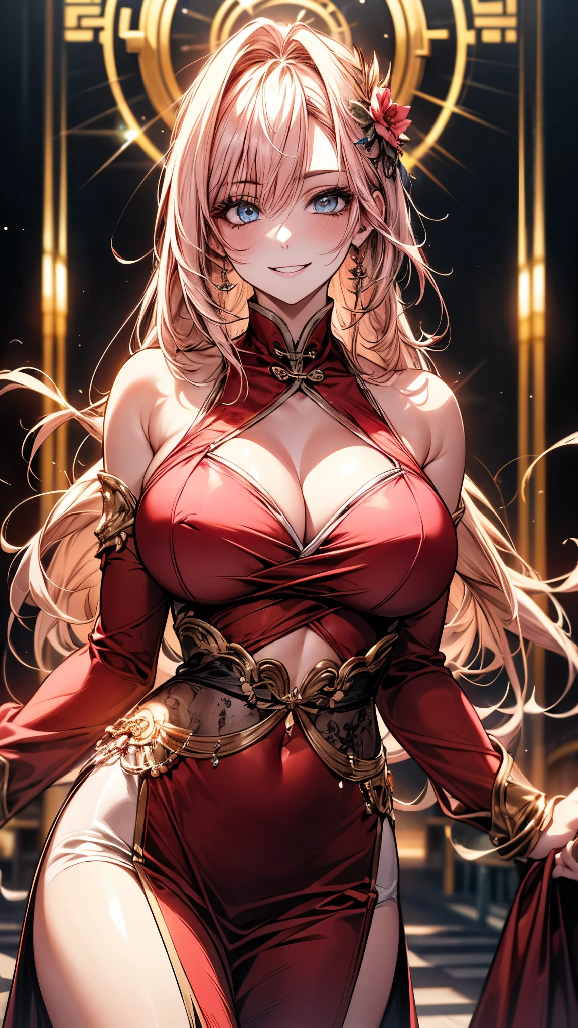 best quality, ultra high resolution, NSFW, hyper-detailed, intricately detailed, masterpiece, anime style, beautiful tall mature woman, mature woman around 28, white woman Milf, pink hair, long straight hair, blue amethyst eyes , looking elegant, compassionate and adorable;, beautiful and the most beautiful woman of all time, big bust, thin waist, Amazonian queen woman, wearing pink sakura Chinese oriental dress with long sleeves, pink flowered skirt, with blue details, perfect body , fit body, natural muscular body, six-pack (defined), modest hips, beautiful skin, ultra-oily and shiny skin, sexy and seductive Amazonian warrior queen Woman looking with love is happiness for the viewer, fierce and imposing sexy and beautiful face full of kindness and compassion, beautiful happy face with a caring look and a joyful smile full of love, kindness and compassion, Standing in a lush and mysterious daytime RPG fantasy dungeon, Sun highlighting his body, fantasy, Looking at the viewer with a happy looking expression and a loving smile at the viewer, cowboy photo, portrait, Alone, Alone, 1 woman, looking at the camera with a happy and loving smile at the viewer, detailed body, detailed hair, detailed face, ready into a fight to protect you, she loves you more than anything, she will fight for you