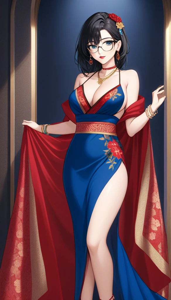 Misako standing, , adult beautiful women, black hair,  blue eyes, beautiful blue eyes, ,slim body, masterpiece,red lipstick, hoop earrings, makeup,sharp jawline,  detailed face, detailed nose ,  detailed eyes, black Glasses,wolf hair cut ,tall women,red floral saree, cleavage ,heels ,anklet, bangles