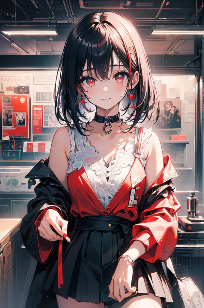 (masterpiece, highest quality, highest quality, (No text), Beautiful and aesthetic:1.2),No text,アニメ、BREAK,One Girl,Black Hair Girl short hair older sister choker Tree Eyes Beautiful eyes Red eyes cool smile Red and Black Black jacket mini skirt whole body In town