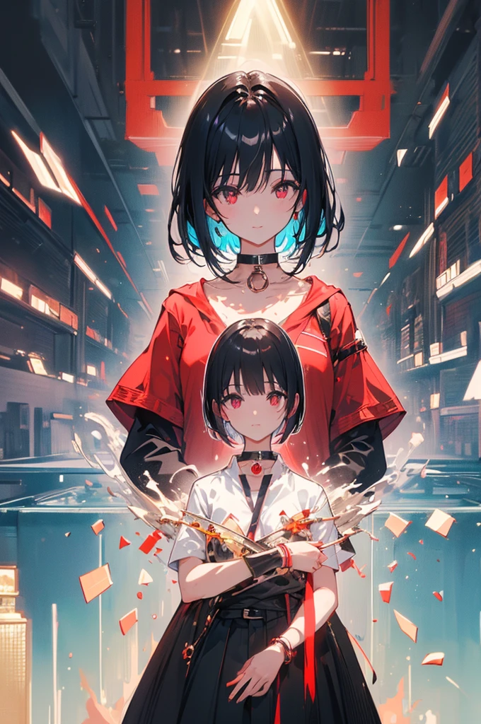 (masterpiece, highest quality, highest quality, (No text), Beautiful and aesthetic:1.2),No text,アニメ、BREAK,One Girl，Black Hair Girl　short hair　older sister　choker　Tree Eyes　Beautiful eyes　Red eyes　cool　smile　Red and Black　Black jacket　mini skirt　whole body　In town