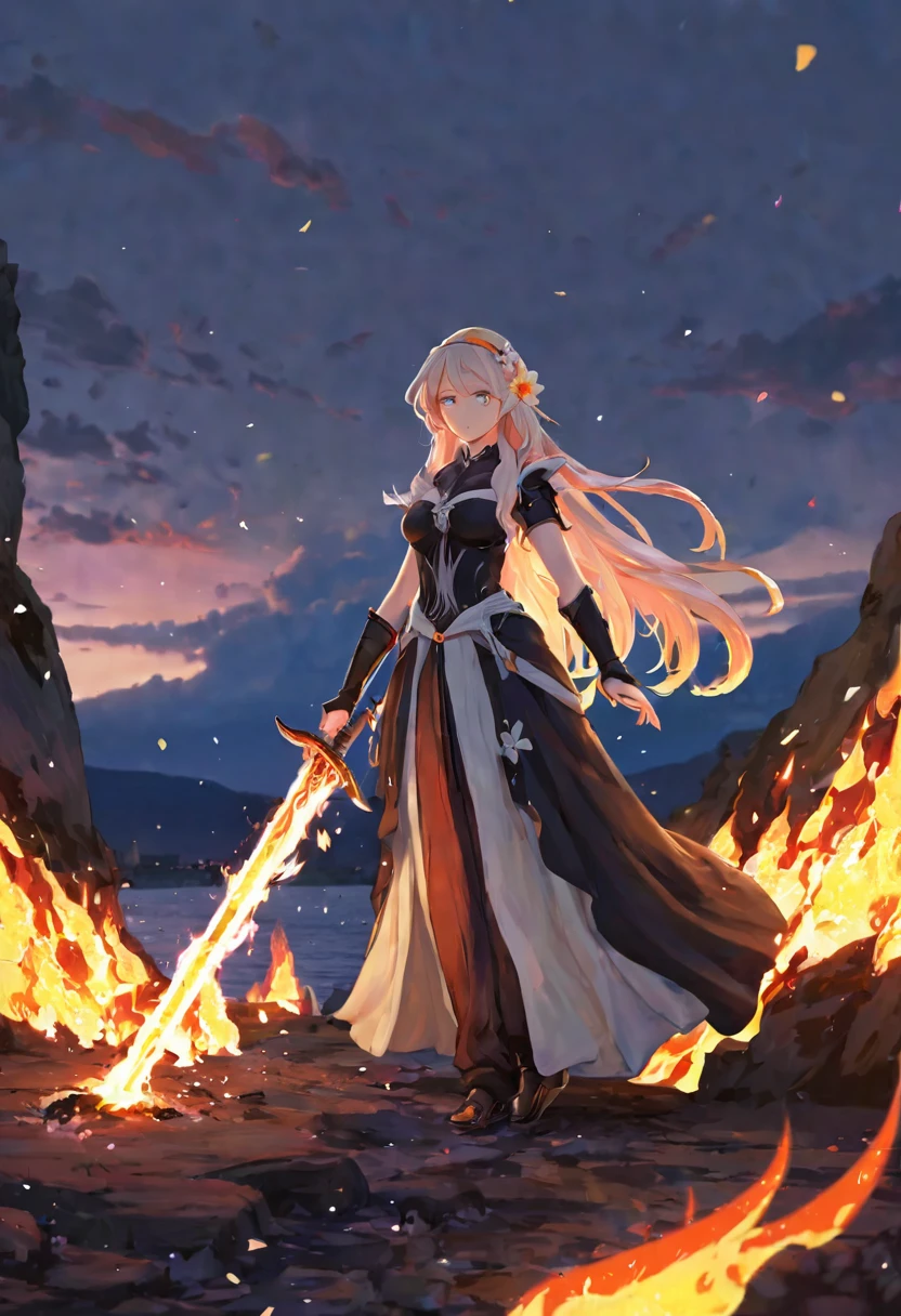 1 girl, bang, breathing fire, burning, Burnt clothes, coals, ahoge, beige hair, multicolored hair, fire, flame, flaming sword, (hand on the handle), standing, long hair,  pyrokinesis, inexpressive, smoke, flower(symbol),  One, Sparks, sunset, twilight, white flower, molten rock, Lily (flower),  fiery flower, depth of field, burning ,