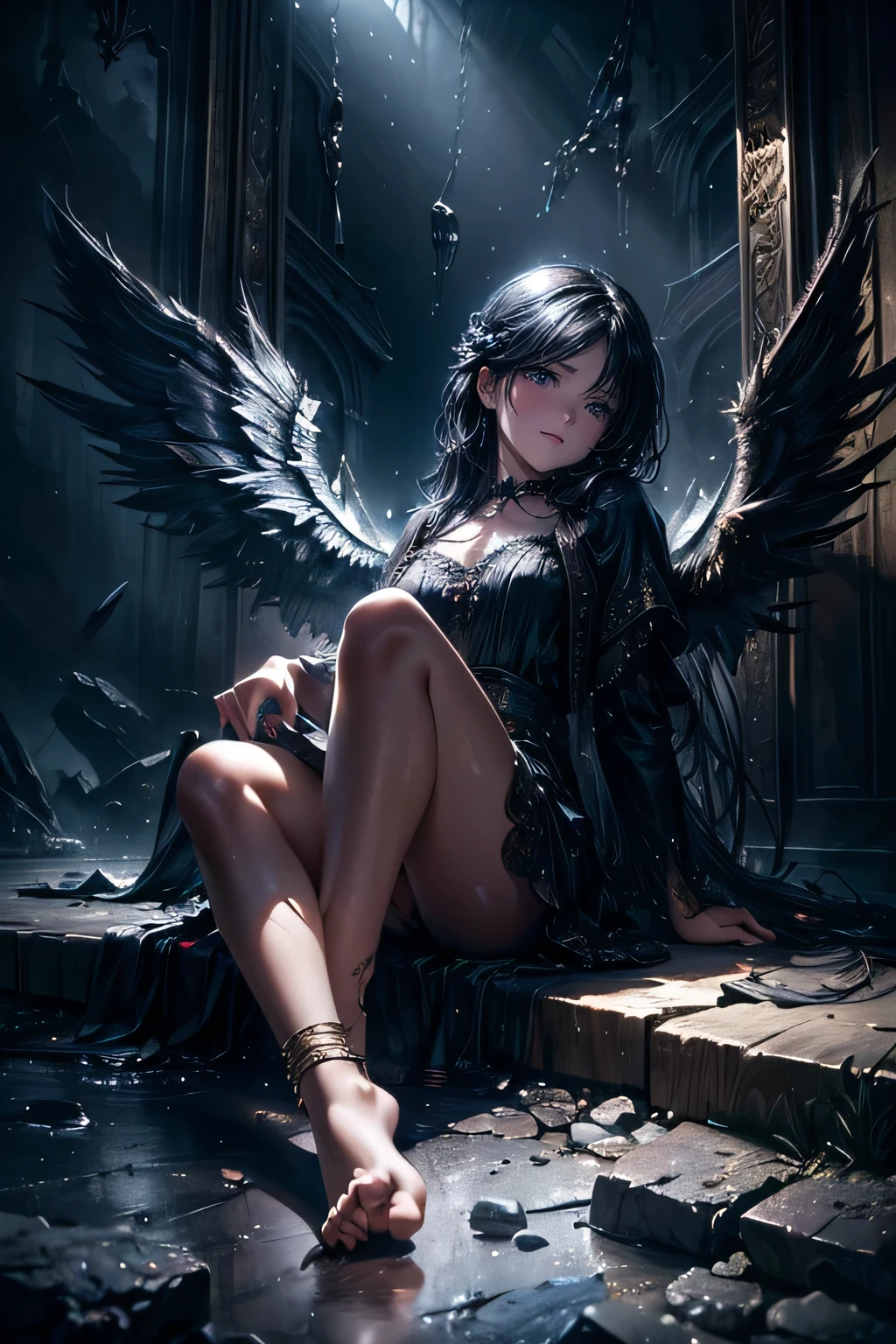 Beautiful detailed full-body, a fallen angel, cute girl, mischievous gaze, playful gestures, worn-out wings, beautiful detailed eyes, beautiful detailed lips, extremely detailed face, long eyelashes, intricate angelic wings, bare foot with anklet, dramatic lighting, dark moody atmosphere, cinematic composition, rich vivid colors, oil painting, digital painting, (best quality, 4k, 8k, highres, masterpiece:1.2), ultra-detailed, (realistic, photorealistic, photo-realistic:1.37), dramatic chiaroscuro lighting, dark fantasy art, gothic, moody