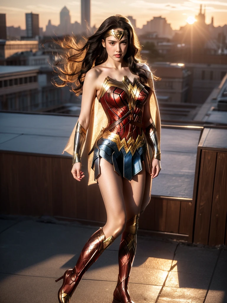 Woman seamlessly transforms into the iconic DC heroine Wonder Woman in a powerfully rendered cosplay photoshoot. She dons the character's famous costume - a metallic blue corset top emblazoned with the golden eagle emblem, and matching star-spangled shorts with a flowing crimson cape cascading behind her. Her toned arms and legs are adorned with Wonder Woman's signature red and gold accessories - bullet-deflecting cuffs, a golden lasso of truth slung across her torso, and knee-high metallic boots. Her raven tresses are styled in flawless waves swept over one shoulder.
The brave Amazonian princess strikes a heroic stance on the rooftop of a towering metropolitan skyscraper, the city skyline stretched out behind her. She stands with her feet planted apart, fists clenched defiantly at her sides as her cape ripples in the wind. The setting sun bathes her in golden rays, casting dramatic shadows across the concrete rooftop. Wanjai exudes the embodiment of truth, justice and unwavering strength through her intense, determined expression and powerful pose. (Wonder Woman costume: 1.5), (skyscraper rooftop: 1.4), (heroic powerful pose: 1.5), (windswept cape: 1.3), (golden hour lighting: 1.4), (cityscape backdrop: 1.2).