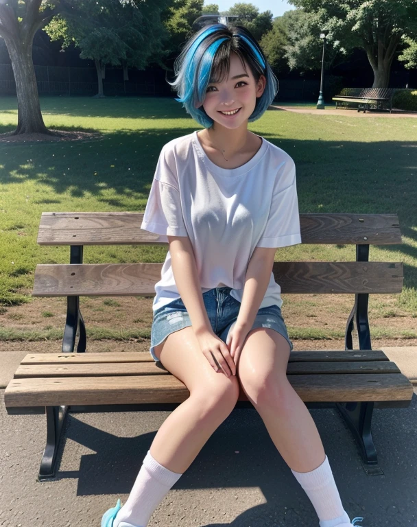 1 girl, short hair with blue highlights, gazing at viewer, fully body, in a park, sitting on a bench, enjoying the scenery, Sunnyday, She wears a light white t-shirt, shorts jeans branco, pink sock socks, White sneakers, children jump rope, short hair, black hair, streaked hair, light blue hair, hair behind ear, hair over one eye, grin, panorama, image fill, vignetting, Hyperrealism, highres, best quality