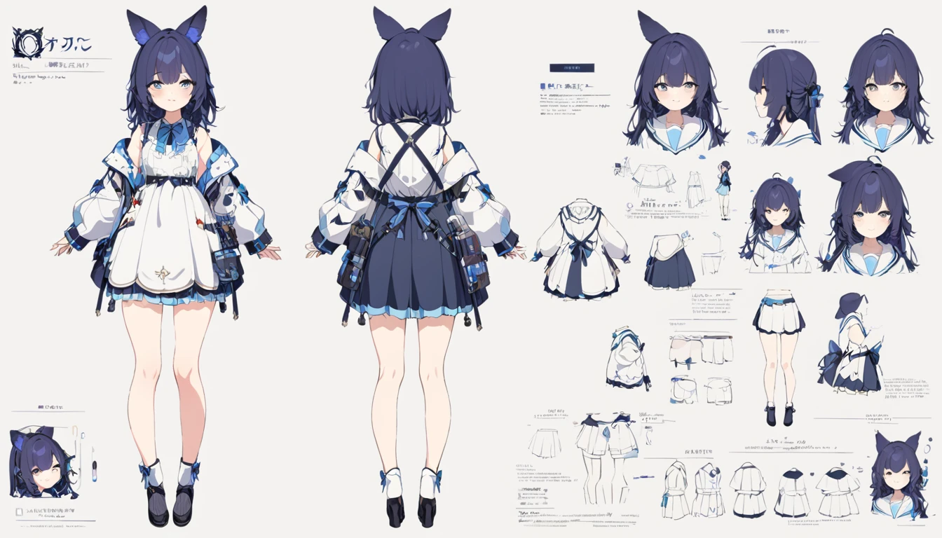(best quality, masterpiece), 1girl, 15 yo,cute, standing girl, three view drawing, front and back and side, character sheet,full body,simple background,