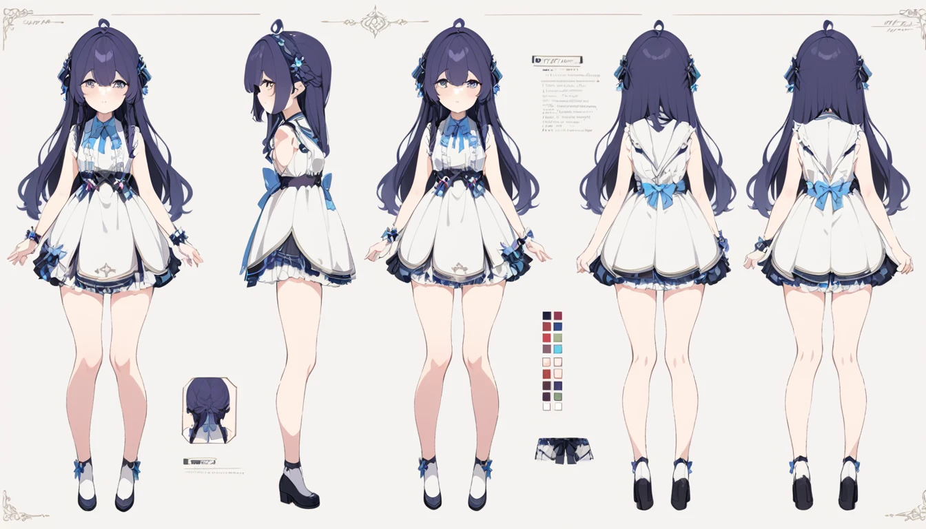 (best quality, masterpiece), 1girl, 15 yo,cute, standing girl, three view drawing, front and back and side, character sheet,full body,simple background,
