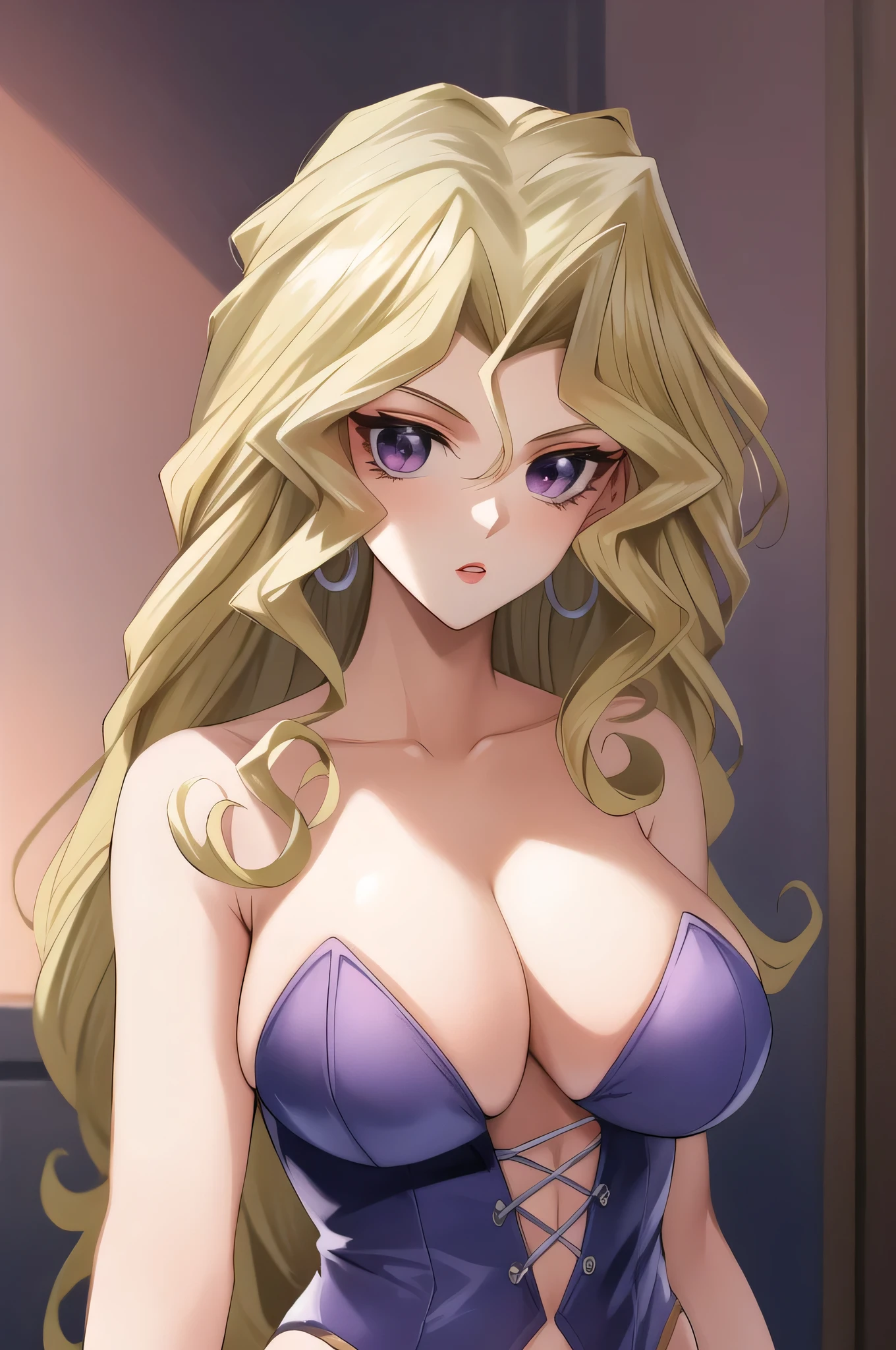 (masterpiece, Highest quality)、Intricate details、One woman、mai valentine、Blonde、Long Hair、Purple Eyes、JewelryEarrings、leotard、leotard sleeve with an long sleeve、Off the shoulder、leotard waist with an high leg、(紫のleotard)、makeup、Big Breasts、cleavage、naval、collarbone、midriff、A woman with very large breasts、Toned body、Tall Woman、leotard only、