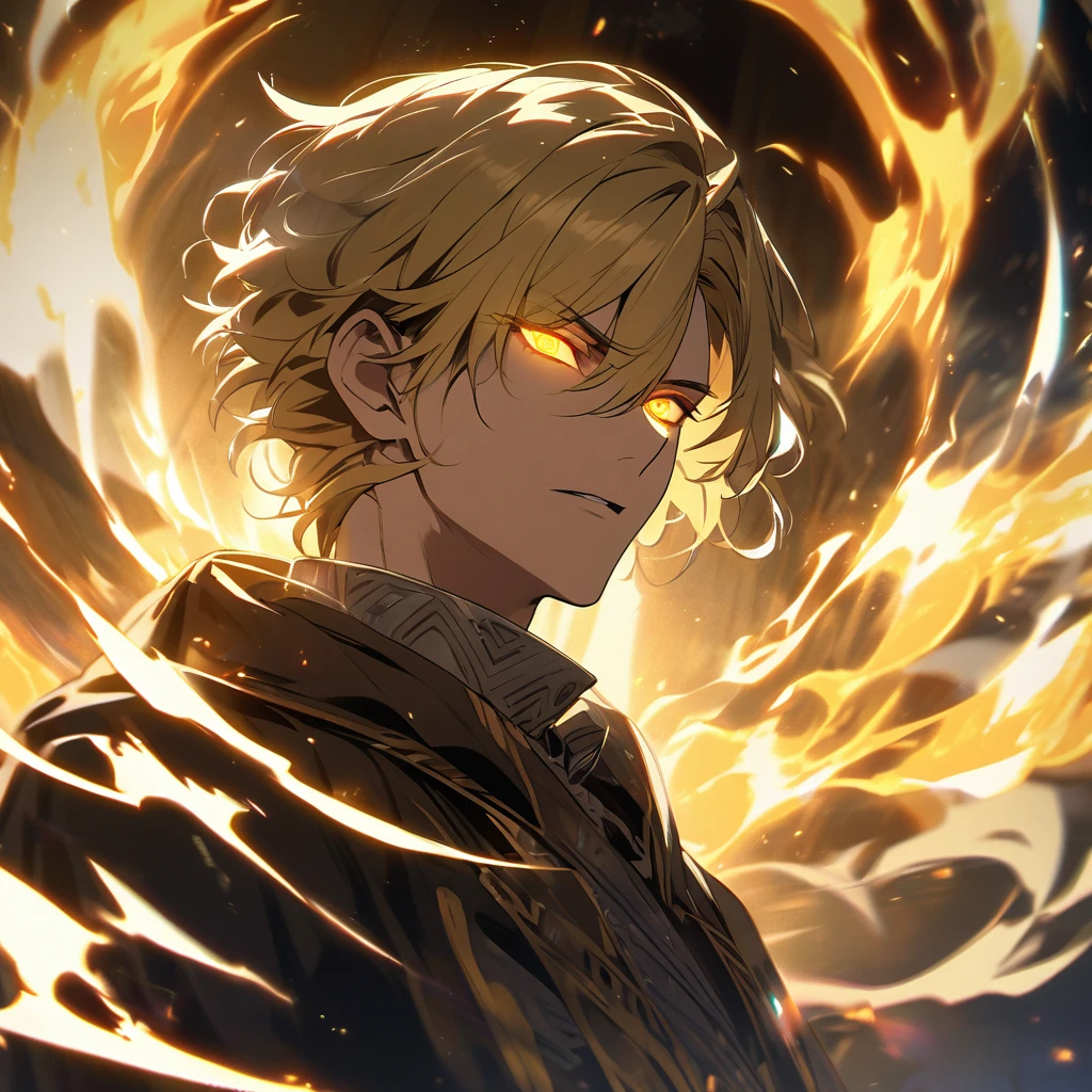 male, solo, handsome, blond hair, god, god eyes, glowing eyes, light, aura, holo, golden