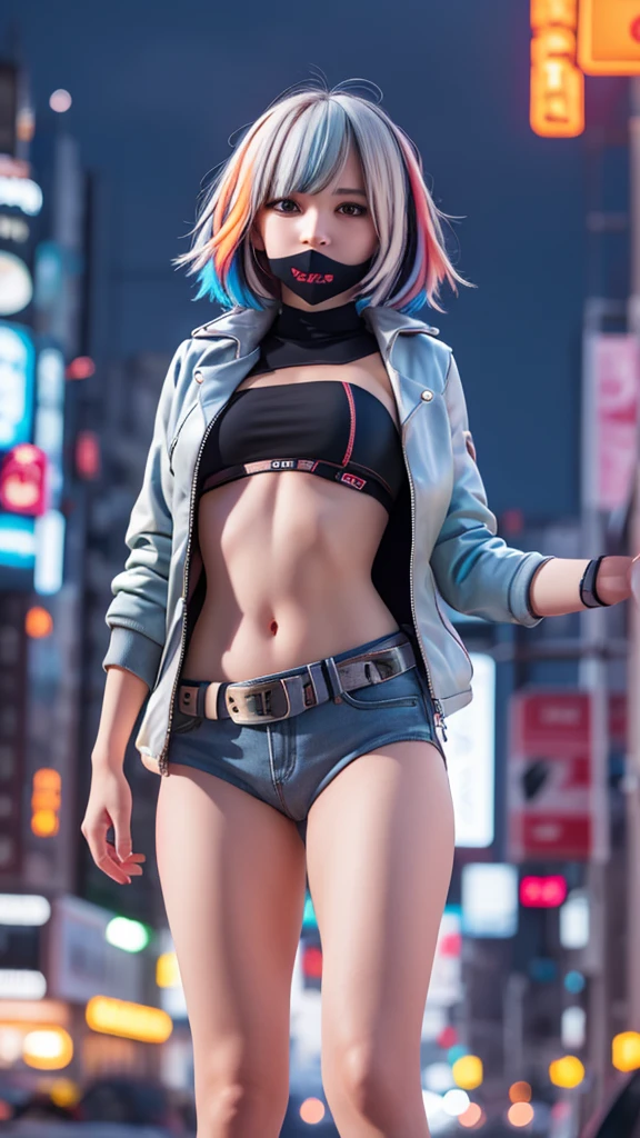 Portraiture, 1 Girl, Beautiful Face, Asymmetrical Hair, Multi-coloured hair, belt, Bodysuits, Covered my mouth, Covered navel, Removable sleeves, Grey Eyes, Hip vents, Open jacket, cute, View the viewer, City of night, neon, Rainy,