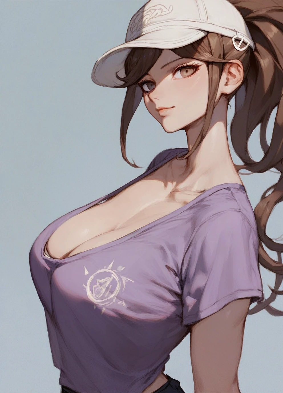 young woman, Brown hair (ponytail), big breasts, purple t-shirt, white cap, Brown eyes, danganronpa