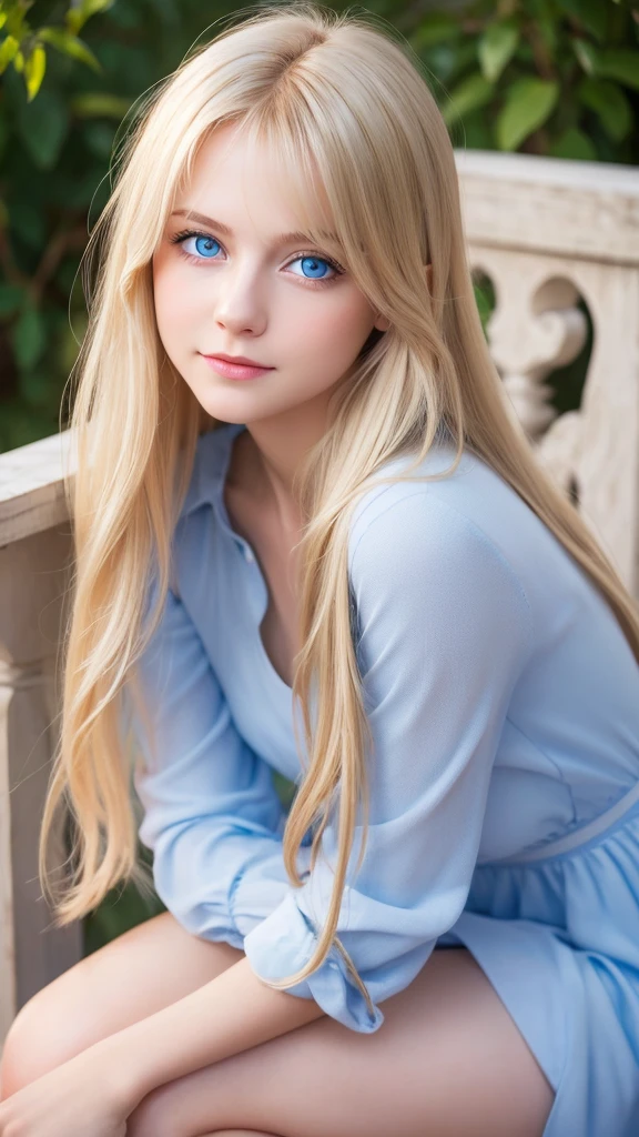 Highest quality, , Soft Light, Ultra-high resolution, (Realistic:1.4), RAW Photos, 1 Russian blonde girl, alone, cute, (A shy smile:0.5), (Tea、Blue Eyes, Light in your eyes), Beautiful face in every detail, (From head to toe),(Long Hair),( Fashionable dresses)