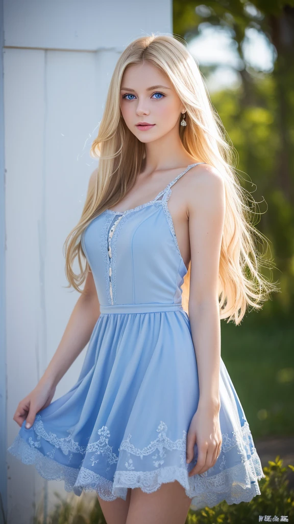 Highest quality, , Soft Light, Ultra-high resolution, (Realistic:1.4), RAW Photos, 1 Russian blonde girl, alone, cute, (A shy smile:0.5), (Tea、Blue Eyes, Light in your eyes), Beautiful face in every detail, (From head to toe),(Long Hair),（ Fashionable dresses）
