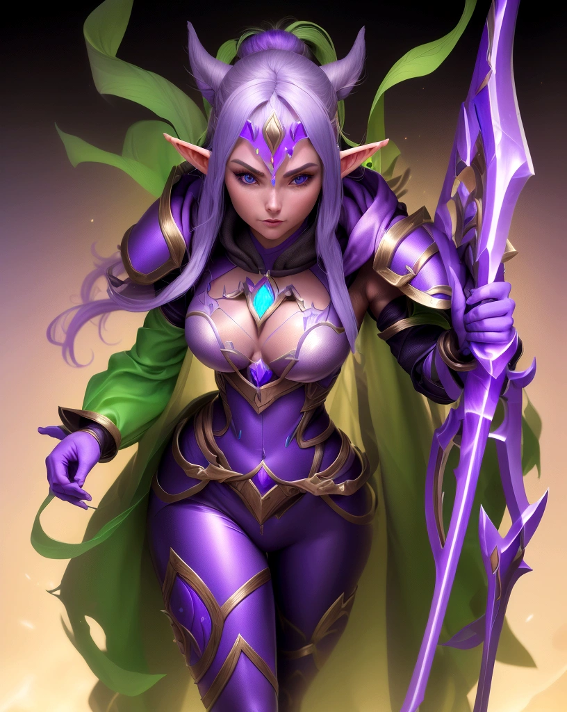 an elf archer lady master from World of Warcraft, body armor, purple suit, hoodie, glowing suit, big mythical bow, mystical arrow,(accurate image 1.5) tall lady,heels, iconic archer stance, mystical aura background, super detailed, highres, translucent, fluorescent color