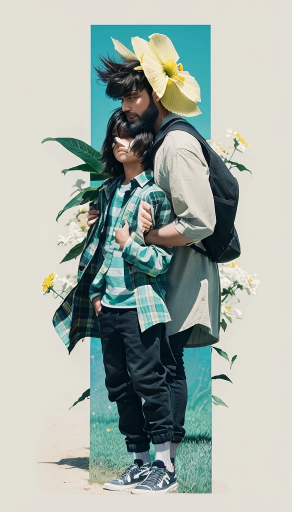 The image shows a young man and a young boy posing for a photo. The young man is wearing a striped shirt and has a beard, while the young boy is wearing a plaid shirt and has dark hair. They are standing in front of a vibrant yellow flower bush.