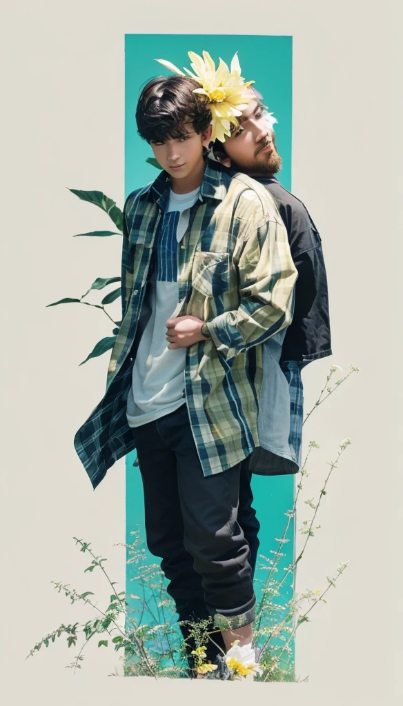 The image shows a young man and a young boy posing for a photo. The young man is wearing a striped shirt and has a beard, while the young boy is wearing a plaid shirt and has dark hair. They are standing in front of a vibrant yellow flower bush.