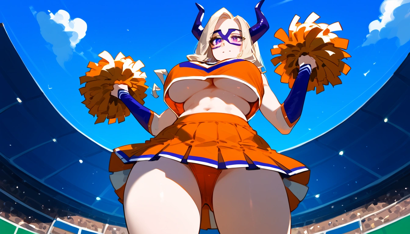 anime artwork, score_9, score_8_up, score_7_up, score_6_up, score_5_up, score_4_up, Mount Lady, blonde hair, purple eyes, big breasts, she is 24 years old, style_3, ,,,  , , , , _, standing, cheerleader, skirt. underboob, u.a. cheerleader uniform, orange top, orange skirt, below view, look away,solo