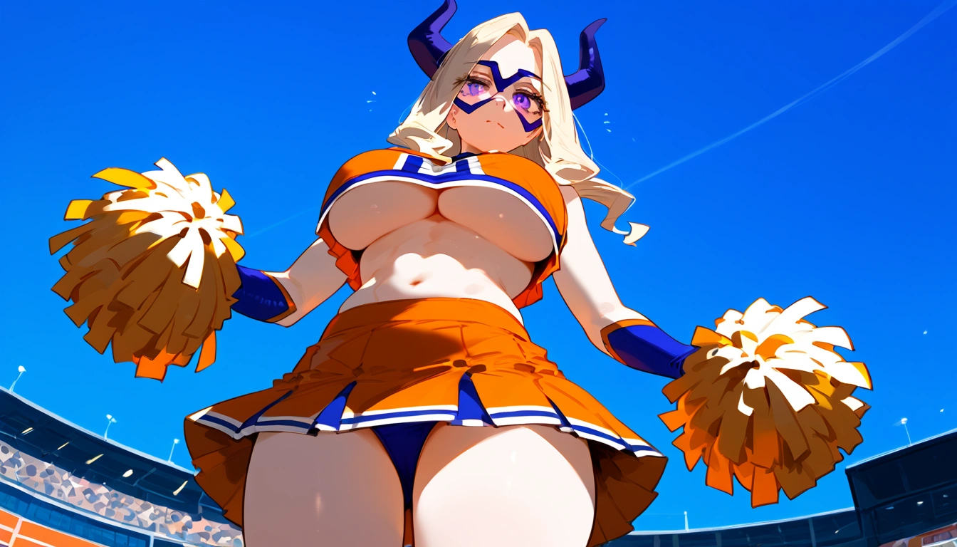 anime artwork, score_9, score_8_up, score_7_up, score_6_up, score_5_up, score_4_up, Mount Lady, blonde hair, purple eyes, big breasts, she is 24 years old, style_3, ,,,  , , , , _, standing, cheerleader, skirt. underboob, u.a. cheerleader uniform, orange top, orange skirt, below view, look away,solo