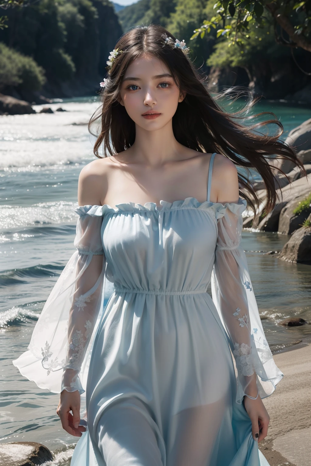 Girl in the field, standing by the edge of a serene and vibrant river, her dress swaying gently with the breeze, dress made of soft linen with delicate floral motifs, long sweeping sleeves, her hair cascading down her back, blowing gently in the wind, hair a radiant gold, she gazes out at the water, a gentle smile on her lips, soft light dappling her features, beautiful blue eyes reflecting the sparkle of the water, attributes: carefree, peacefull, nature lover, high quality, masterpiece, ultra high res, photorealistic, raw photo, authentic skin texture, wide angle shot, detailed facial features.