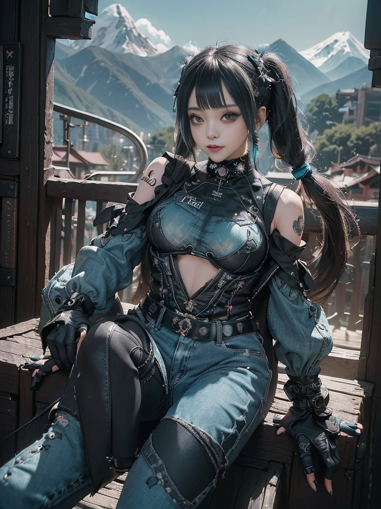 (Full Body View:1.4)、(Full body:1.3)、(Smiling with teeth showing:1.3),(Shibuya Gal:1.5)、(Gothic Lolita style fashion:1.5)、(Punk RockVisual Kei:1.5)、(Wearing a rhythmic gymnastics bodysuit with intricate details:1.4)、(Racing suit and pants with intricate turquoise, denim and charcoal decorations:1.5)、(Denim and light blue and turquoise boots:1.3)、((belt))、(Numerous delicate logo marks all over the costume:1.4)、(collar:1.3)、(Polka dot underwear:1.5)、20-year-old、NSFW、((Highest quality、In 8K、masterpiece:1.3))、Sharp focus:1.2、(Layered Cut、Huge boobs:1.1),Beautiful woman with perfect figure:1.4、(do a gravure pose:1.3)、Slender Abs:1.2、Highly detailed face and skin texture、Detailed eyes、double eyelid,(Twin tails:1.3)、(Black brown hair:1.3)、Gravure idol、(The background is a vast mountain々Beautiful luxury resort destination in Europe:1.3)、(Slim body:1.3),(Make your legs thinner:1.4),(clavicle:1.1)