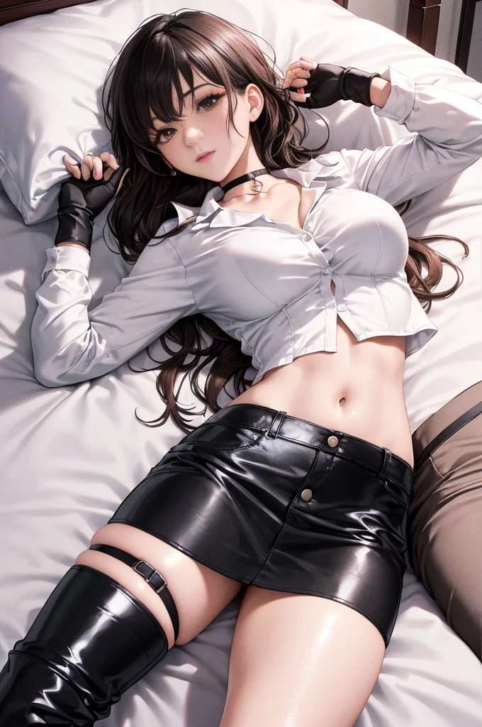 1 woman, YOUNG, Being in a hotel,(Lying on her back in bed:1.4),(Open your legs:1.4),(legs are raised :1.5),(top down view),
(((Masterpiece))), ((The best quality)), ((intricate details)), ((ultra-realistic realism)), 4k resolution, Transparent, Very detailed, lightning, 1 girl, ((big breasts)), (pink areola),perfect hand, detailed finger, Beautiful detailed eyes,wavy curly black hair, with brown eyes, (White crop top),(Breasts come out of clothes.), choker:1.6 White Long Sleeve Button Up Shirt, shiny black miniskirt, black elbow length gloves, Black thigh high boots, detailed background, Bedrooms, Perfect eyes, seductive eye,raised buttocks,flushed face,(beautiful:1.2),seductive eyes