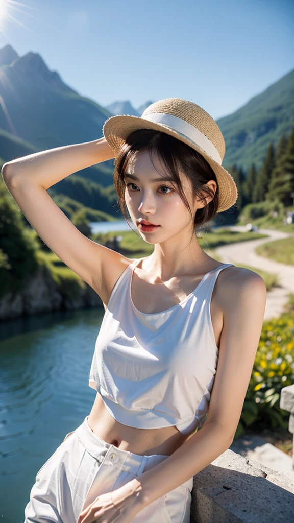 cute lady、Very clean and slim、outstanding style  、ultra high definition、extremely delicate face, Skin and hair、Short hair、dark brown hair、((Girl in white tank top and hiking pantountain))、((Mountain path bathed in morning sunlight))、8K photos、Very cute Japanese expressionless face、slim、medium chest、The eyes and nose stand out clearly.、Gentle eye movement stock in both hands)(Stylish hat for hiking)