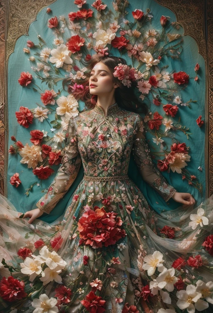 a woman in a dress with flowers on it laying down, lady with glowing flowers dress, covered with flowers, fine art fashion photography, intricate costume design, woman in flowers, intricate gown, flower storm portrait, fine art fashion magazine style, flower goddess, floral couture, covered in flowers, art nouveau fashion photography, ornate dress, an intricate dress, inspired by james christensen