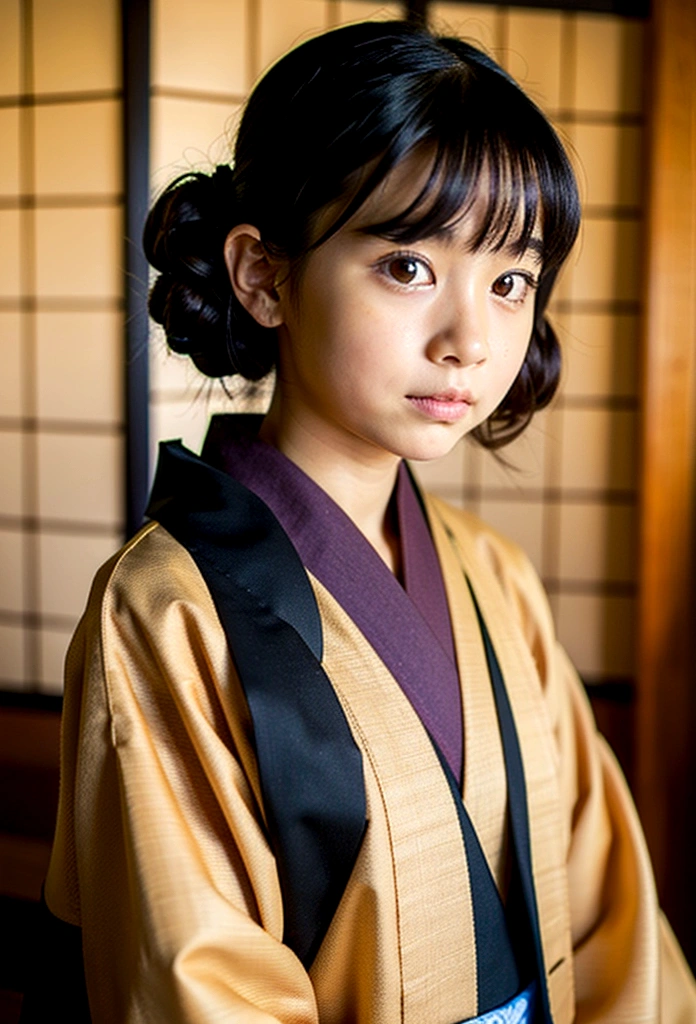 Sit in a traditional Japanese room、A young-looking zashiki warashi、wearing a kimono、Hair is black、A slightly innocent look、Tatami and Shoji Screens、Face close-up、Bob、Big eyes、3 year old 、