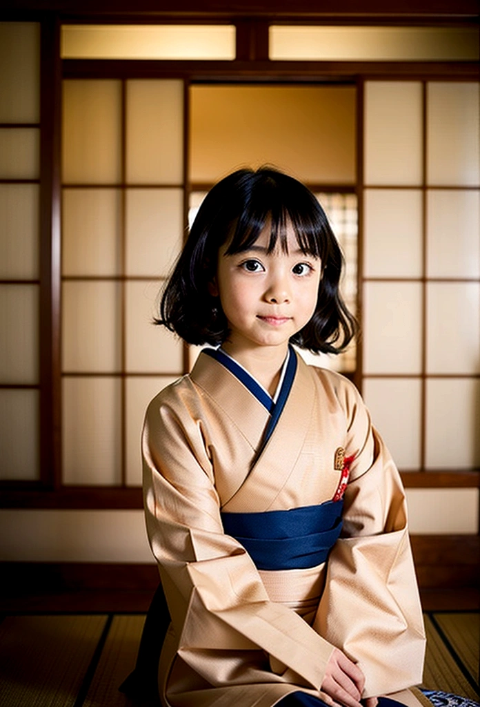 Sit in a traditional Japanese room、A young-looking zashiki warashi、wearing a kimono、Hair is black、A slightly innocent look、Tatami and Shoji Screens、Face close-up、Bob、Big eyes、3  、