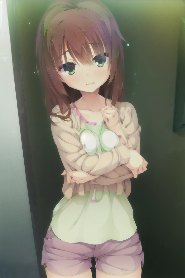 独奏,1girl,push_ups,green_eyes,long_hair,brown_hair_orange_inner_Farbe,orange_scrunchie,shorts,white_shirt,lower_body,grey_shorts,casual_workout_yoga_buzzer_shorts,living_room,thighs,questionable,general,explicit,medium_breast, expensive_solve, clear_image, expensive_Contrast, 8K, Sparkling, beautiful_detailed_face_and_eye, (Brown Hair:1.25), 白 eye, expensive_solve, clear_image, expensive_Contrast, 8K, Sparkling, beautiful_detailed_face_and_eye, (Brown Hair:1.25), 白 eye