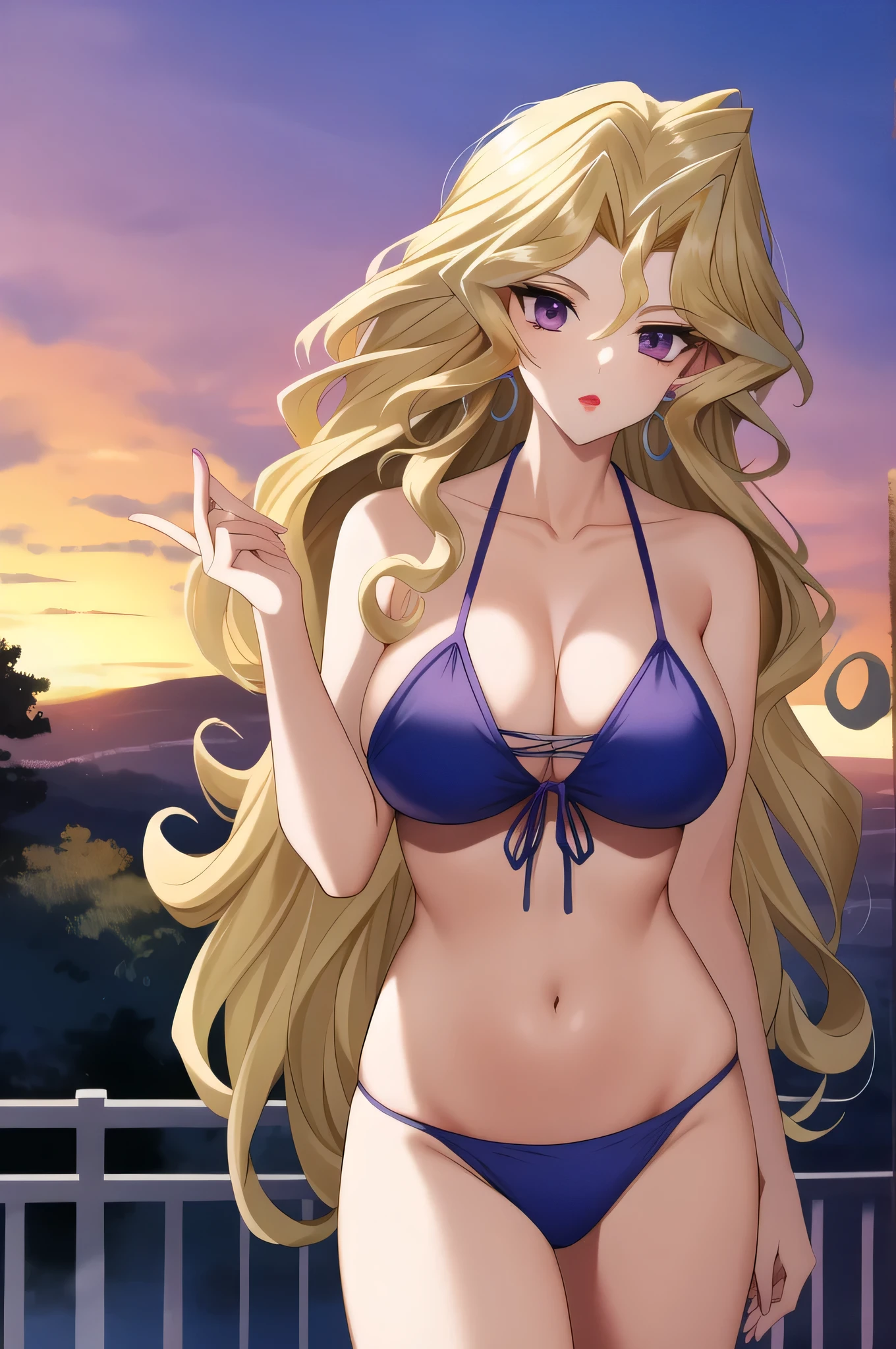 (masterpiece, Highest quality)、Intricate details、One woman、mai valentine、Blonde、Long Hair、Purple Eyes、JewelryEarrings、Swimwear、bikini、bikini top with an purple、in a triangle bikini、bikini bottom with an purple、makeup、Big Breasts、cleavage、naval、collarbone、midriff、A woman with very large breasts、Toned body、Tall Woman、bikini swim suit only、