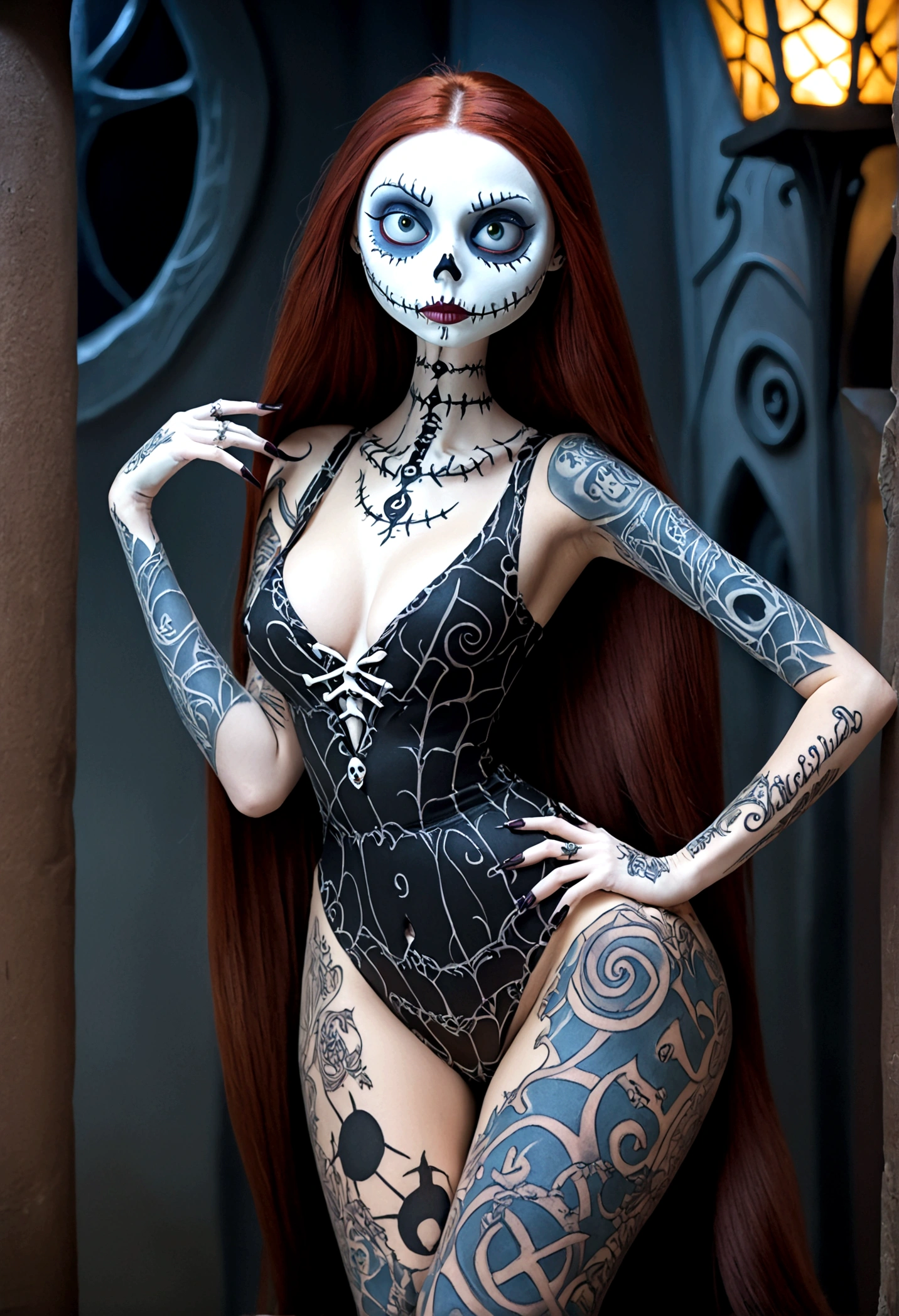 Create a hyper detailed photograph of a nightmare before Christmas tattooed young sexy sally Skellington, Stunningly perfect gorgeous face, perfect makeup, detailed vibrant eyes, long hair, beautiful perfect, perfect beautiful perfect arms, realistic torso, detailed silky smooth skin, big breast, perfect round ass, nightmare before Christmas sexy seductive strappy thong, back to camera looking forward,