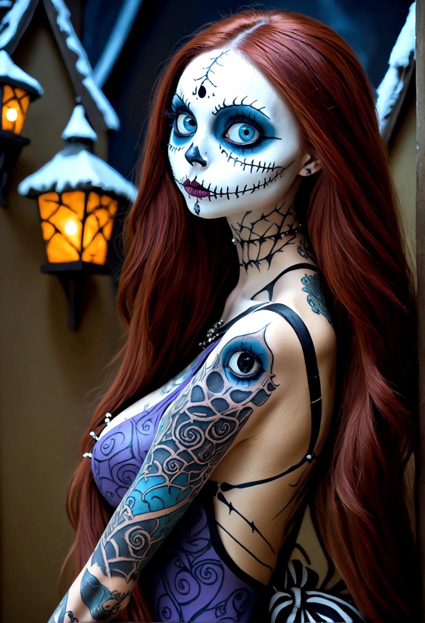 Create a hyper detailed photograph of a nightmare before Christmas tattooed young sexy sally Skellington, Stunningly perfect gorgeous face, perfect makeup, detailed vibrant eyes, long hair, beautiful perfect, perfect beautiful perfect arms, realistic torso, detailed silky smooth skin, big breast, perfect round ass, nightmare before Christmas sexy seductive strappy thong, back to camera looking forward,