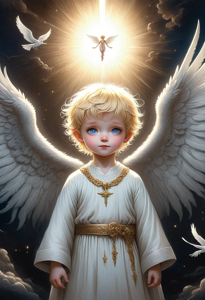 An oil painting：Dreamy scene，A beam of light fell from the sky,  dark white and light gold, A 3-year-old boy with angel wings and a halo,blond hair，blue eyes， Wearing Jewelry, black background, illustration, Soft colors, Chiaroscuro, Middle Ages, Extremely detailed, Blender, C4D, Octane Rendering, 8K, HD，Painting of the dark fallen angel Lucifer surrounded by dark wings, Black and white Mobius strip, White wings twirling and dark angels, Deathcore style, Layered images with subtle irony, Himalayan art
