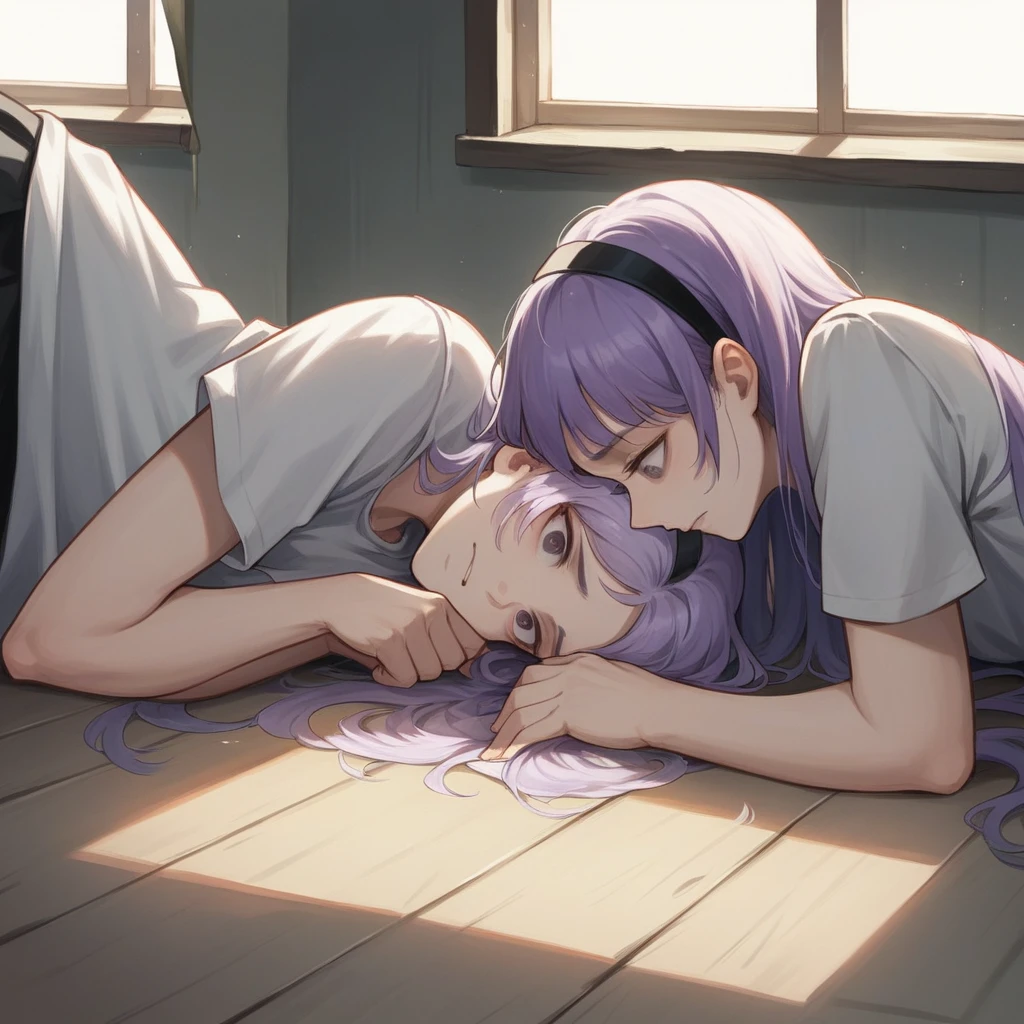 (Cute two girls:1.5),
(masterpiece:1.3), anime visual, (tilt head:1.3), extremely delicate face, realistic lighting and shading, (an extremely delicate and beautiful art:1.3), (muted colors:1.1),A lesson room with a large mirror on the wall, a girl with light purple hair held down by a hairband in a ponytail, wearing a T-shirt and lesson clothes, lying on the floor of the lesson room, her face distorted by pain reflected in the mirror on the wall,