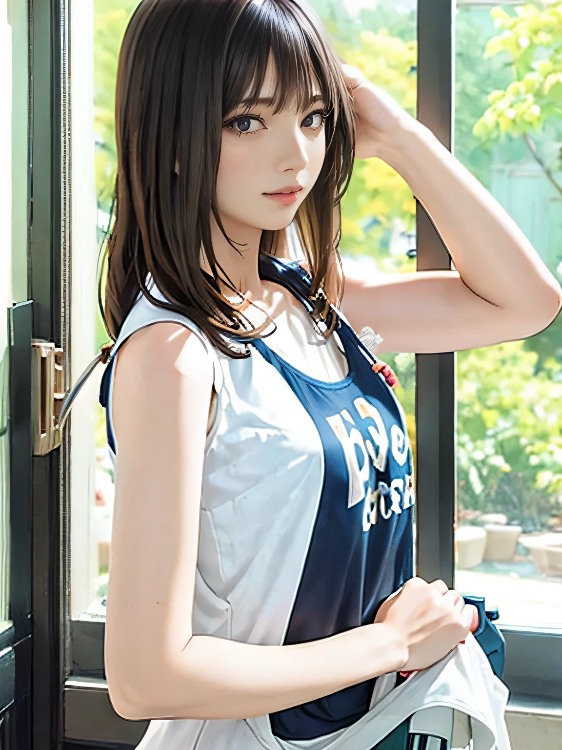 1girl, woman, 20 years old woman, girl in summer clothes, beautiful, medium breasts, flirtatious look, ((very detailed)), (perfectly detailed face), (well detailed hand), photorealistic image, high res, 1girl, woman, 20 years old woman, ((tanktop jersey:1.78)), looking at viewer:1.8, (1girl eyes looking at viewer:1.55), camisole, Upper body, Plain costumes, Simple Background, Emphasis on the chest, Hands behind the body, White outfit, photorealistic, (bokeh), best quality, 8k, UHD, UHD