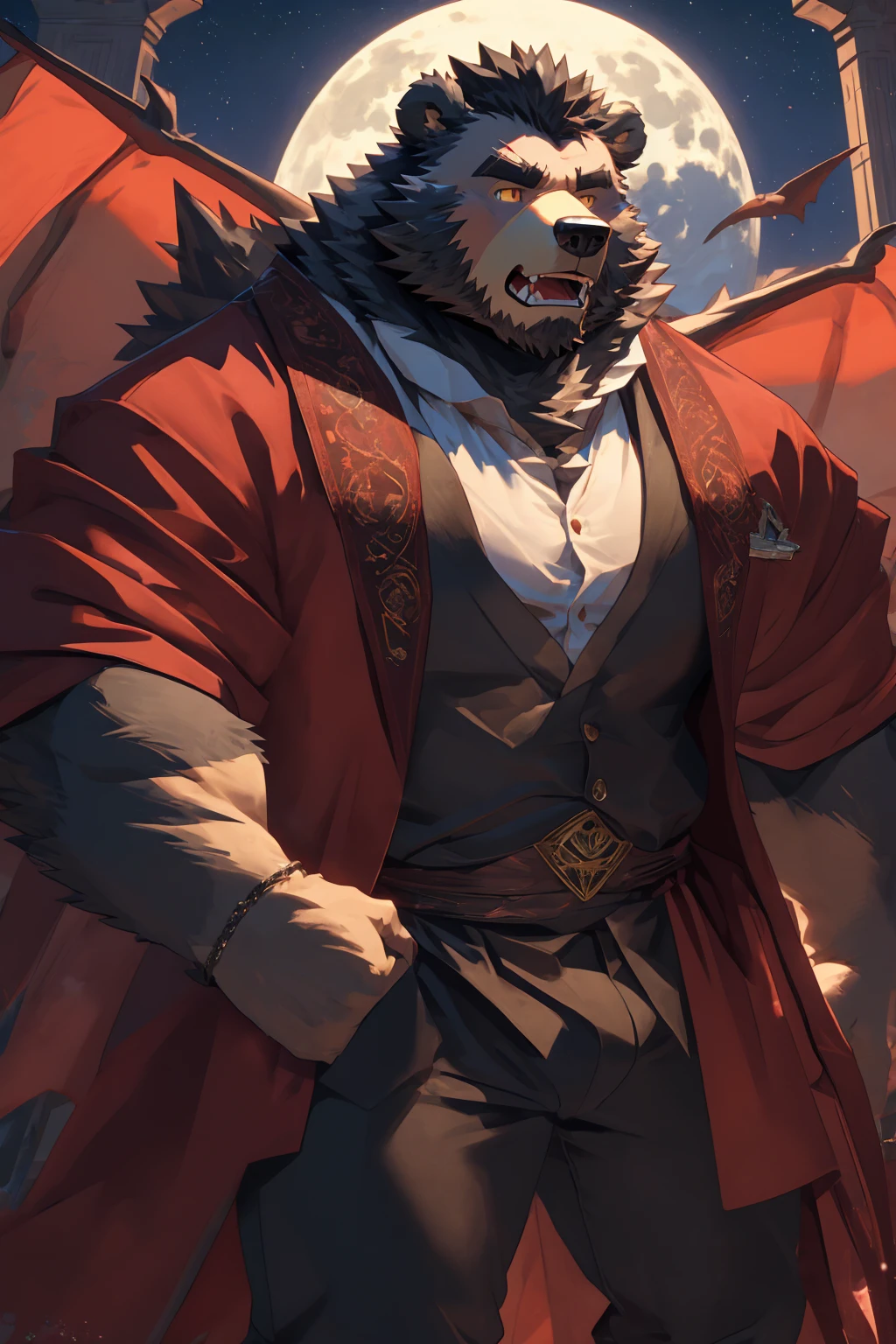 (Super detailed), Sharp focus,hairy, Gray fur, White beard,,Golden Eyes,human nature (棕Bear:1.3), male, Muscular ,(Crotch bulge),(Big Bag),Super detailed的脸,(dishevelled:1.4),(best quality), (masterpiece), High Detail, high quality,High resolution,16K,(Bear:1.3),(scar:1.1),(Fangs),(vampire:1.2),(Red robe),moonlight,Sharp teeth,(Bloody Mouth),Open your mouth