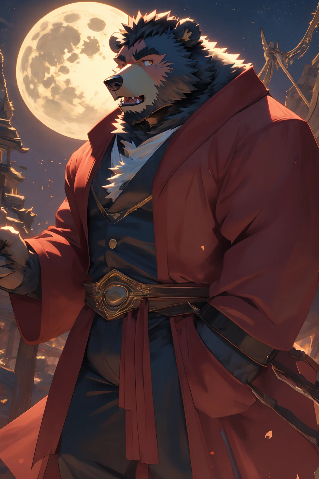 (Super detailed), Sharp focus,hairy, Gray fur, White beard,,Golden Eyes,human nature (棕Bear:1.3), male, Muscular ,(Crotch bulge),(Big Bag),Super detailed的脸,(dishevelled:1.4),(best quality), (masterpiece), High Detail, high quality,High resolution,16K,(Bear:1.3),(scar:1.1),(Fangs),(vampire:1.2),(Red robe),moonlight,Sharp teeth,(Bloody Mouth),Open your mouth