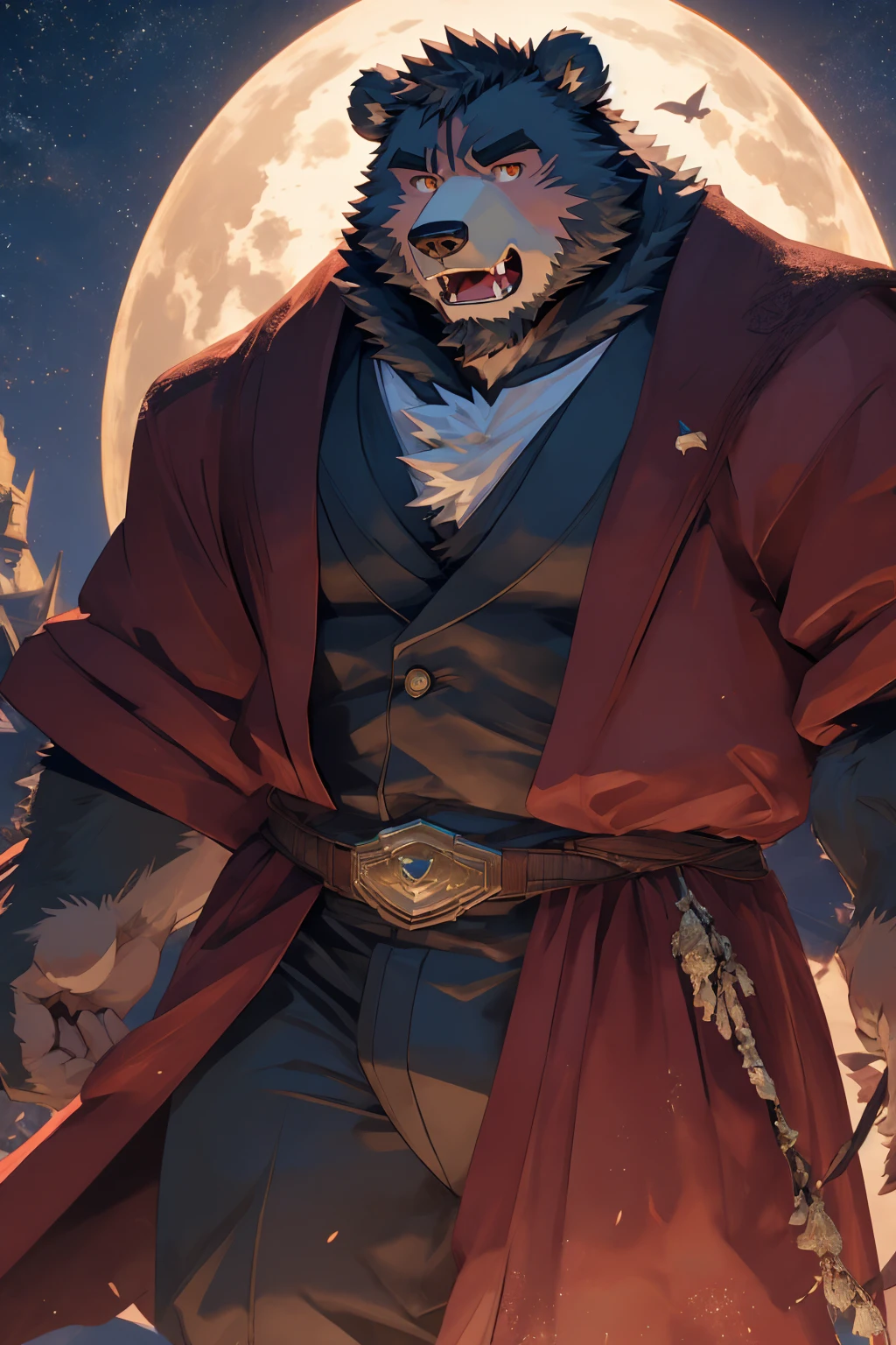 (Super detailed), Sharp focus,hairy, Gray fur, White beard,,Golden Eyes,human nature (棕Bear:1.3), male, Muscular ,(?????? bulge),(Big Bag),Super detailed的脸,(dishevelled:1.4),(best quality), (masterpiece), High Detail, high quality,High resolution,16K,(Bear:1.3),(scar:1.1),(Fangs),(vampire:1.2),(Red robe),moonlight,Sharp teeth,(Bloody Mouth),Open your mouth