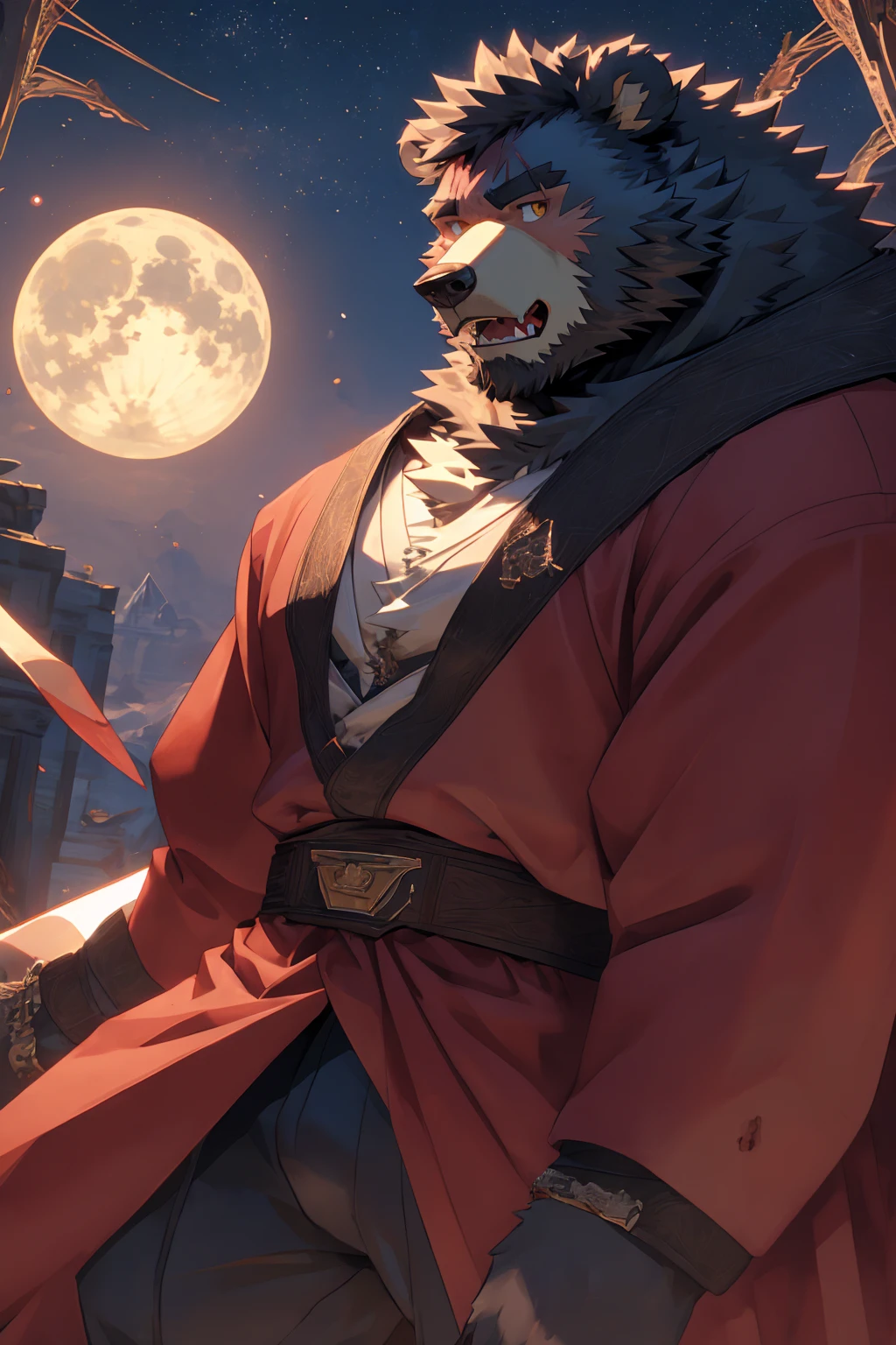(Super detailed), Sharp focus,hairy, Gray fur, White beard,,Golden Eyes,human nature (棕Bear:1.3), male, Muscular ,(Crotch bulge),(Big Bag),Super detailed的脸,(dishevelled:1.4),(best quality), (masterpiece), High Detail, high quality,High resolution,16K,(Bear:1.3),(scar:1.1),(Fangs),(vampire:1.2),(Red robe),moonlight,Sharp teeth,(Bloody Mouth),Open your mouth