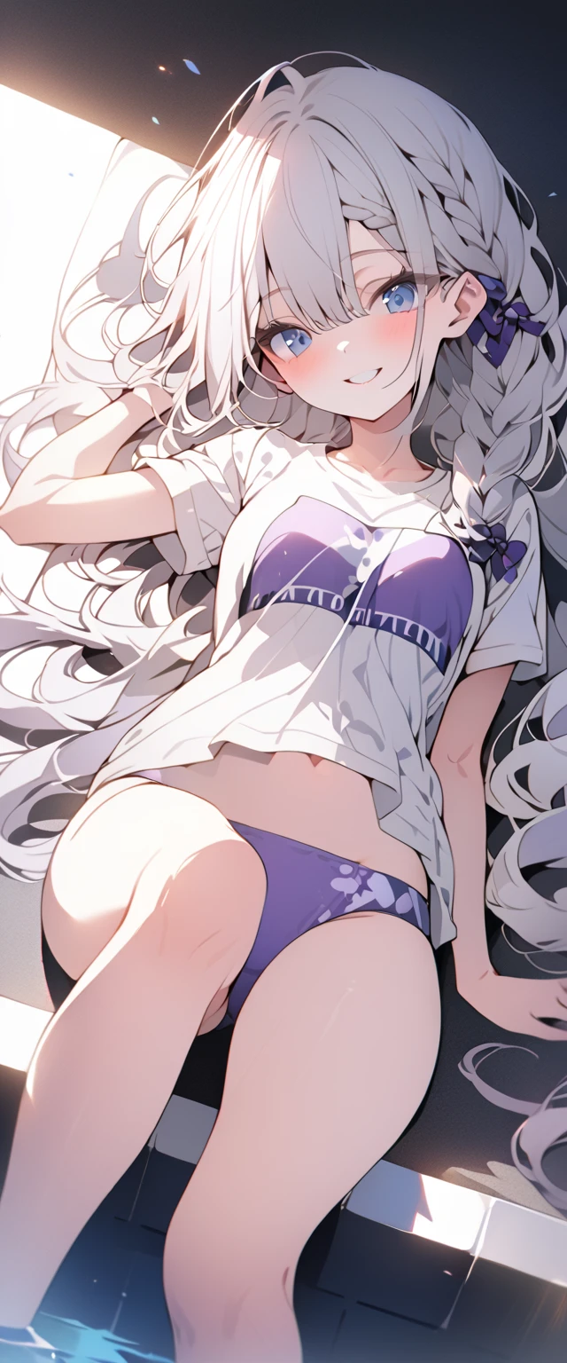 beautiful, masterpiece, Highest quality, anime, One girl,Portrait Shot, View your viewers, Covered、Long Hair、nearby、Blue Eyes、art、White hair,black streaked hair, dark atmosphere、Thighs、Braid、white_T-Shirts、Light purple bikini、Pool、Bright、smile、Lying on your back