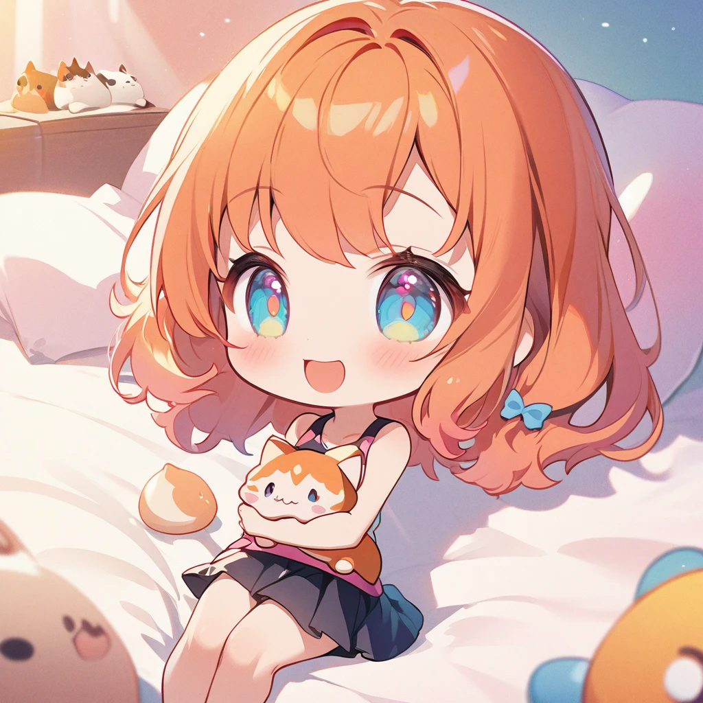 masterpiece、Highest quality、Depth of subject、((2D illustration))、1 beautiful girl、((colorful))、(((chibi style)))、((Long, beautiful hair))、Bright orange hair、ribbon、cute、Beautifully detailed eyes、Tank top、((mini skirt))、(((vivid color))、((bed))、stuffed toy、((medium shot))、((Very happy face))、((Holding a kitten))、((There&#39;s a lot of pink around))、((Lens flare))、White light is shining、Sunbeam、My whole body was filled with light、Cinematic lighting、Full body lighting