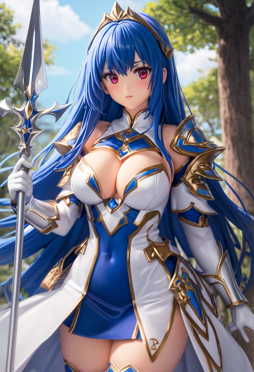 Super detailed anime, masterpiece, best quality, 1 beautiful female knight girl wearing skimpy armor, blue bikini armor, (Navel armor:1.5), ( super low-rise metallic armor slit micro miniskirt:1.5), microminiskirt made of thin iron plates,(super low-rise:1.5), Hiphugger, (no panties:1.5), metallic pasties made of thin blue iron, nipplecover made of thin blue iron, cleavage, (underboobs:1.4), sideboobs, blue shoulder armor, revealing clothes, blue metallic armor headwear, large breasts, blue long hair, bangs, thighs, (pussy:1.2), NSFW,big boobs slutty, midrif, smile, holding and swing a magic sword,spread legs to show pussy, vambraces, Pose with intense action