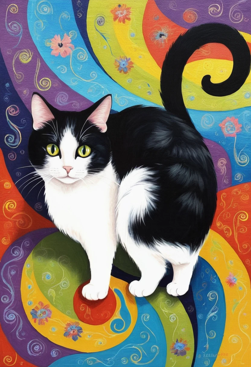 The two eyes are different colors，painting of a Cat with a swirly tail, Cat. Cat非常非常漂亮的毛茸茸的艺术